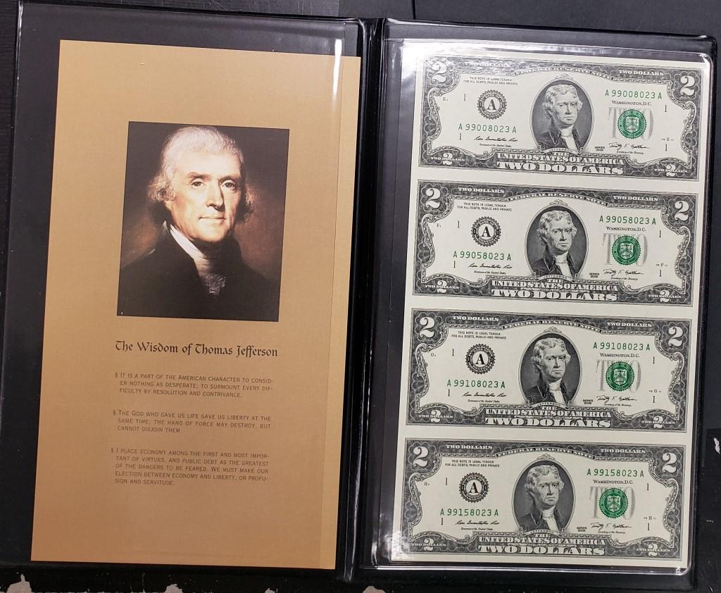 2009 $2 Dollar Uncut Sheet Of 4: US Currency BOSTON Gem Unc In Folder