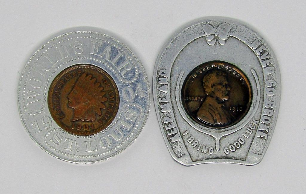 1904 St. Louis World's Fair: ENCASED INDIAN HEAD LUCKY PENNY CENT PIECE plus LINCOLN CENT LUCKY CHARM