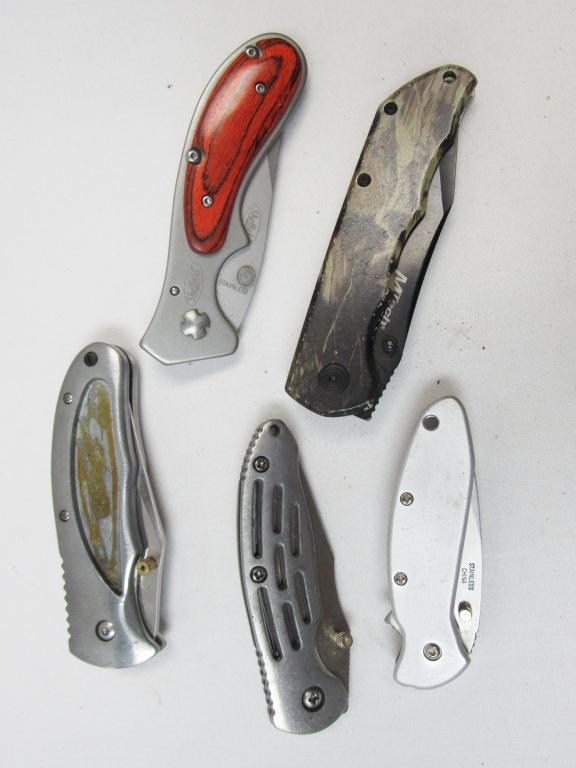 5 VINTAGE STAINLESS STEEL POCKET KNIVES;: 1 - MTECH USA, 1 - SHEFFIELD, 3 - UNMARKED;