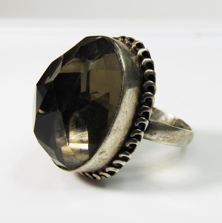 SIZE 10 VTG STERLING RING WITH BROWN GEOMETRIC (1 of 5)