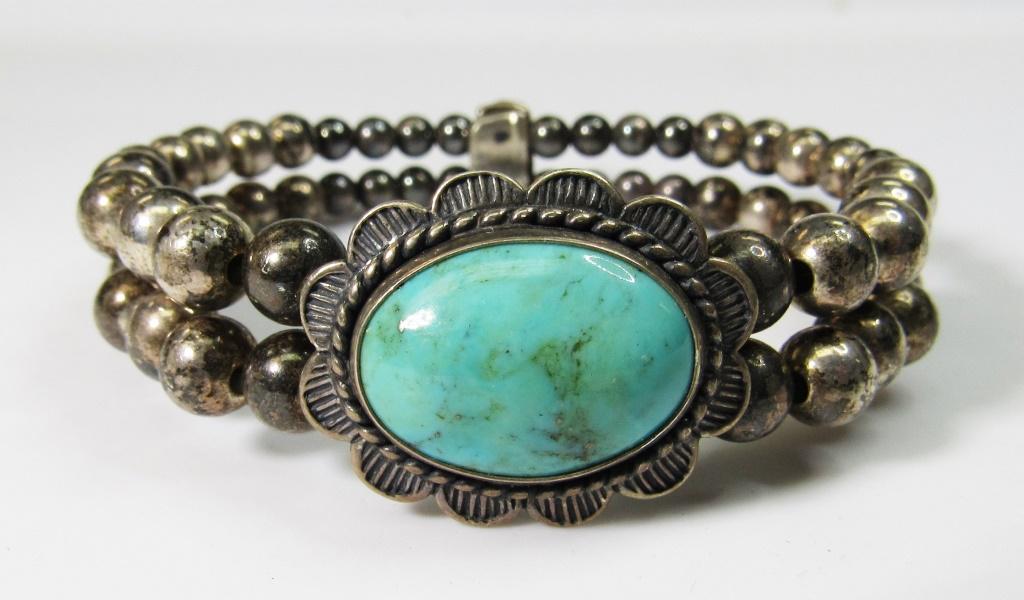 CAROLYN POLLACK SOUTHWESTERN STERLING: BEADED WRAP BRACELET WITH TURQUOISE CENTER STONE-TOTAL 10.6 DWT