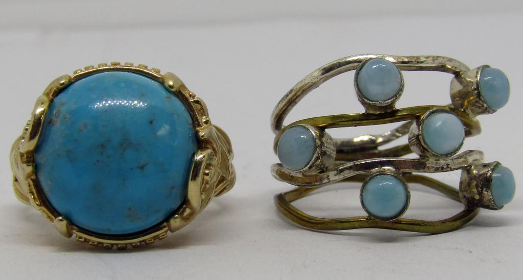 2-VINTAGE STERLING RINGS (1)GOLD TONED WITH: TURQUOISE LUCITE CENTER (1)WITH TURQUOISE LUCITE-BOTH RINGS SIZE 8.5-TOTAL 8 DWT