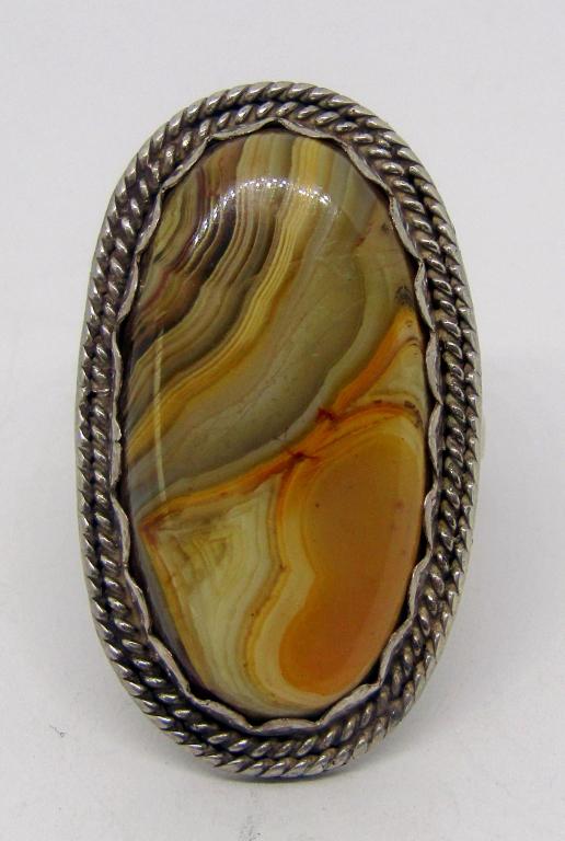 SIZE 10.5 NAVAJO STERLING RING WITH BROWN: MARBLE POLISHED NATURAL STONE CENTER-TOTAL 9.9 DWT