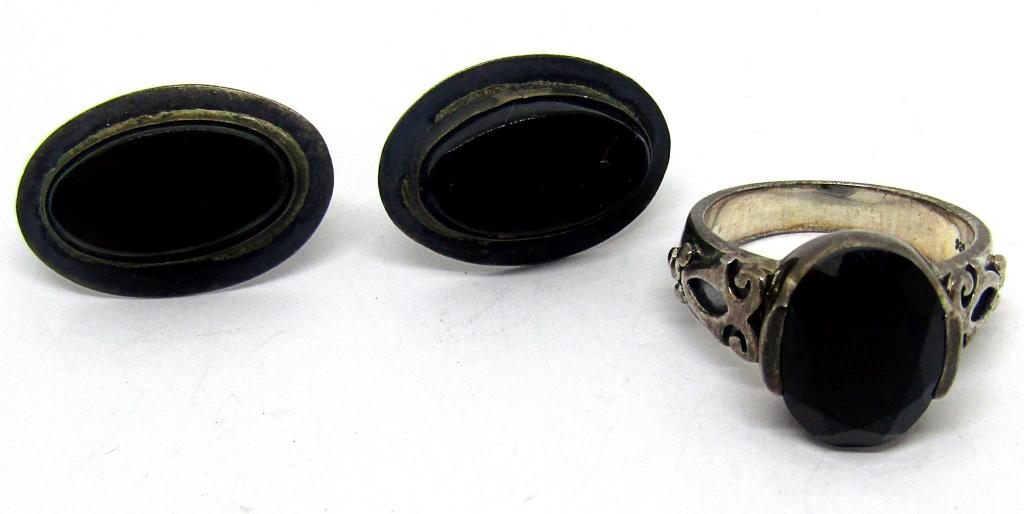 BLACK ONYX & STERLING RING & EARRINGS (1 of 5)