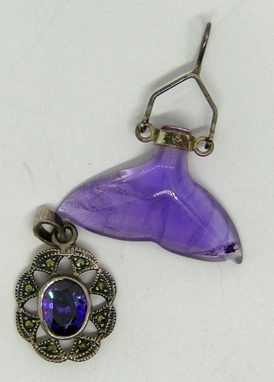 (2) PURPLE & STERLING PENDANTS: (1) with MARCASITE (1) GLASS FISH TALE- 4.2 DWT