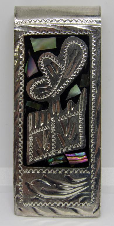 ALPACA MEXICO STERLING MONEY CLIP WITH BLACK: ONYX AND ABALONE INLAY DESIGN-TOTAL 22.7 DWT