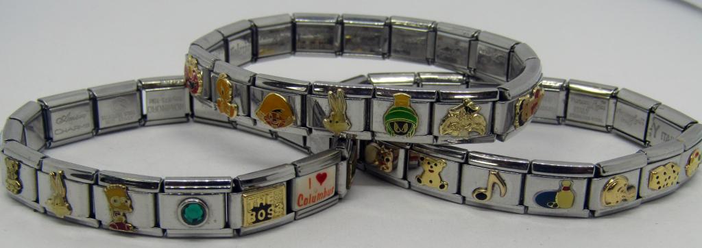 (3) ITALY PERSONA LINK BRACELETS: STAINLESS STEEL with MIXED CHARMS - SOME WARNER BROTHERS