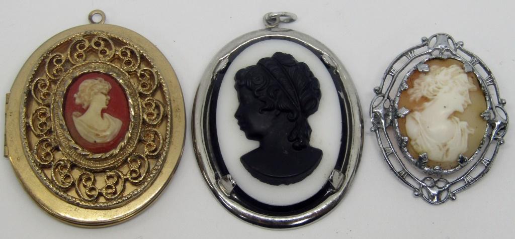 (3) CAMEO PIECES: (1) SHELL PIN, (1) LOCKET: (1) BLACK & WHITE PENDANT