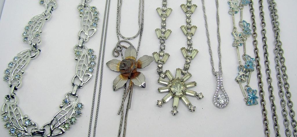 8 SILVER TONED VINTAGE NECKLACES: BLUE BUTTERFLIES NECKLACE, FLOWER NECKLACE