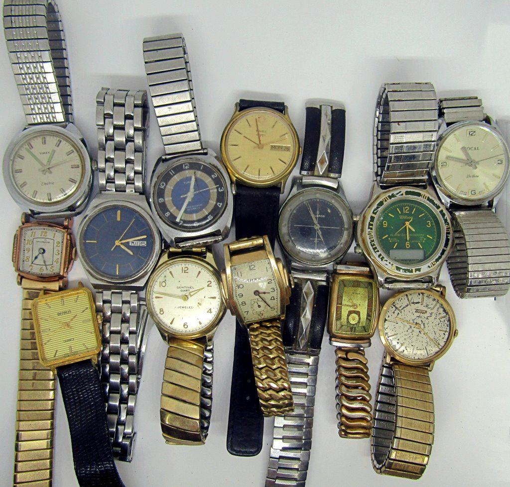 (13) MENS WRISTWATCHES: HELBROS, FOCAL, TIMEX, SENTINEL, WILSON, BENRUS, McCURDY's, & OTHERS - UNTESTED - PARTS / REPAIR