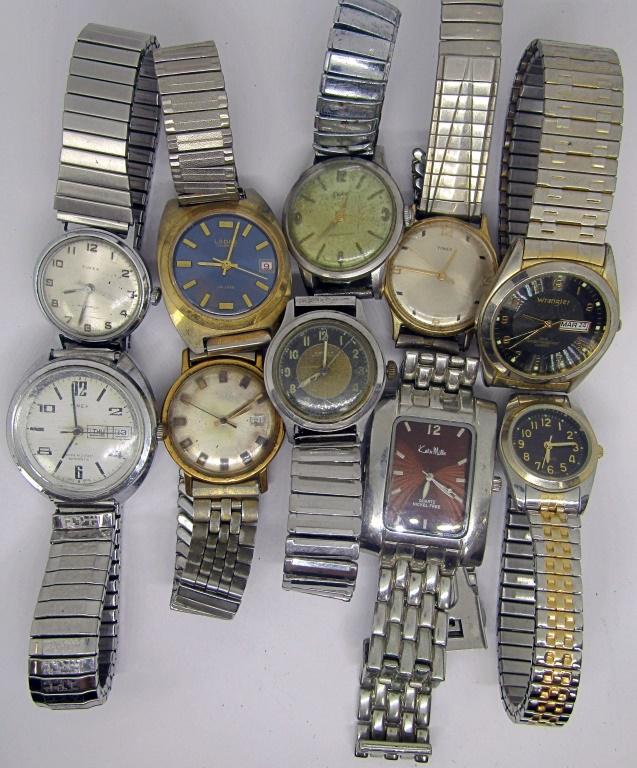 (10) MENS WRISTWATCHES: KEVIN MILLS, TIMEX, WRANGLER, LADEX, & OTHERS - UNTESTED - PARTS/REPAIR