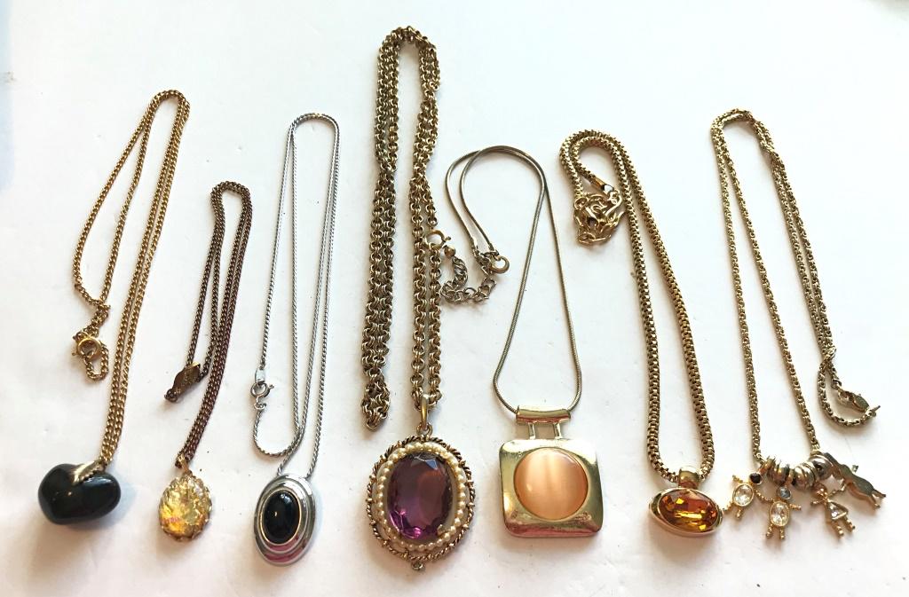 7 NECKLACES W/ STONES: 1 TRIFARI, 1 AVON
