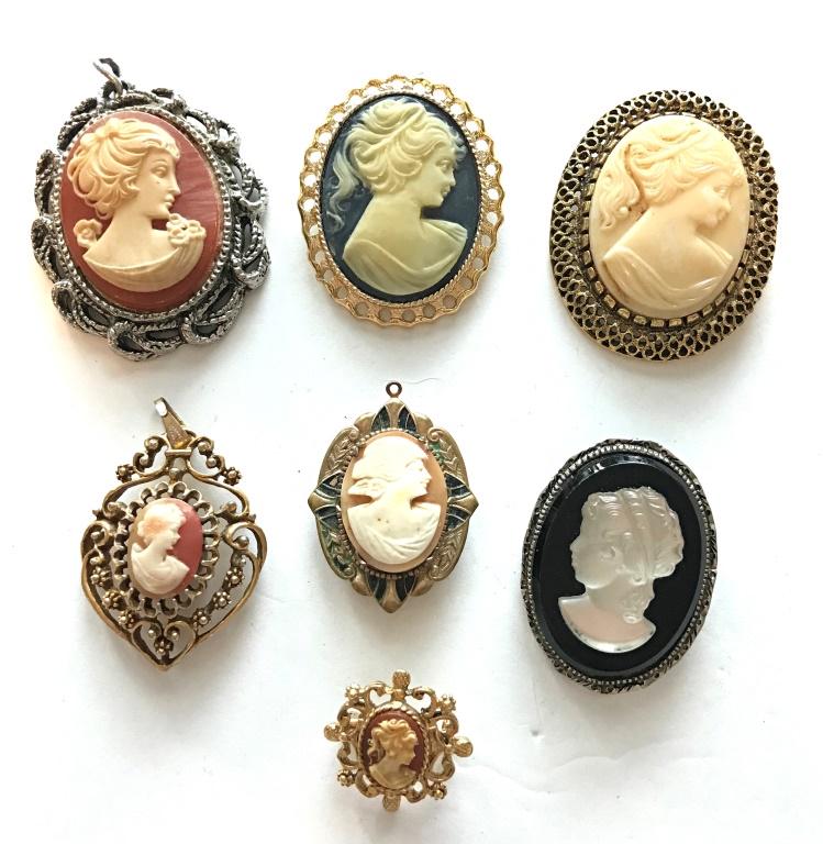 7 CAMEO PIECES (5 BROOCHES/2 PENDANTS): 1 IS A LOCKET
