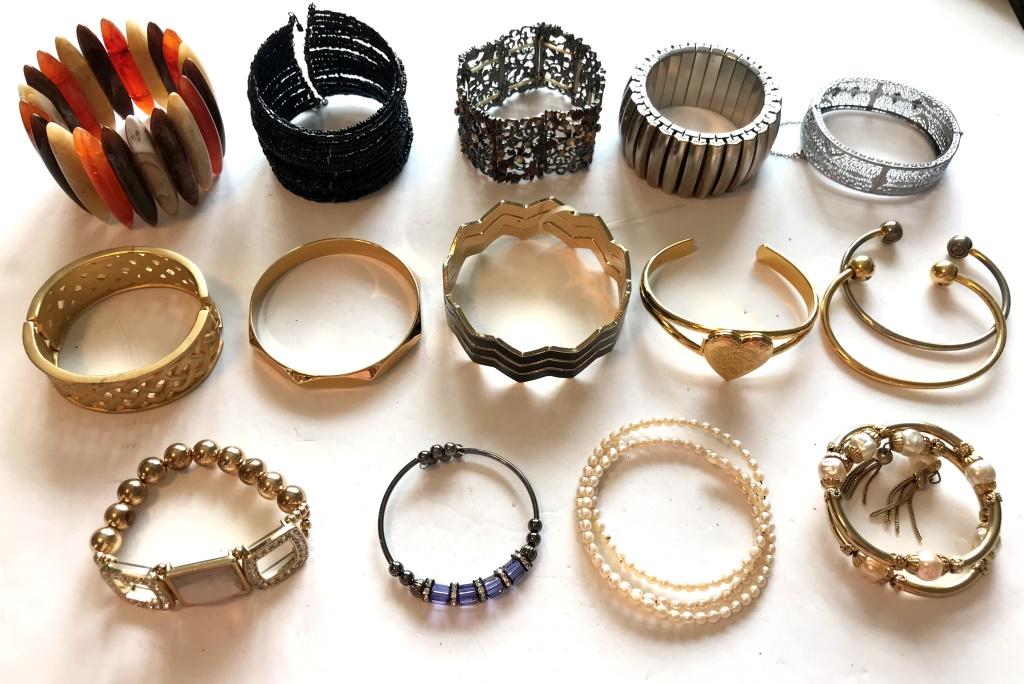 14 BRACELETS/ BANGLES: RHINESTONE PURPLE BROWN FLOWERS 1 MONET BEES FAUX PEARL BLACK