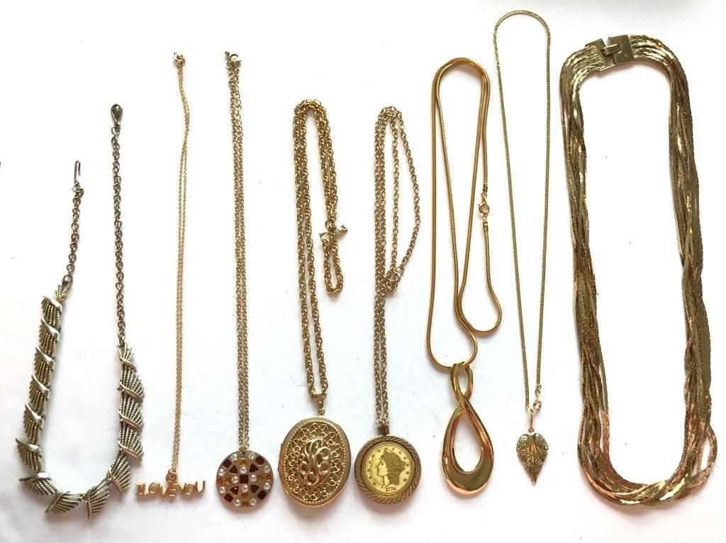 8 GOLD TONE NECKLACES (1 SC LOCKET): RHINESTONES, DANGLE NECKLACE, LAYER NECKLACE, LEAF, I LOVE YOU NECKLACE