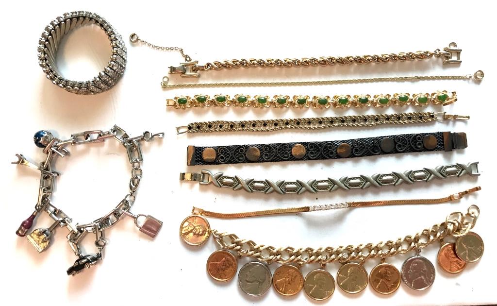 10 BRACELETS/ BANGLES (1-BARCLAY): 1 BARCLAY RHINESTONES, XOXO, CHARM BRACELET- LOADED, BLACK CLEAR GREEN