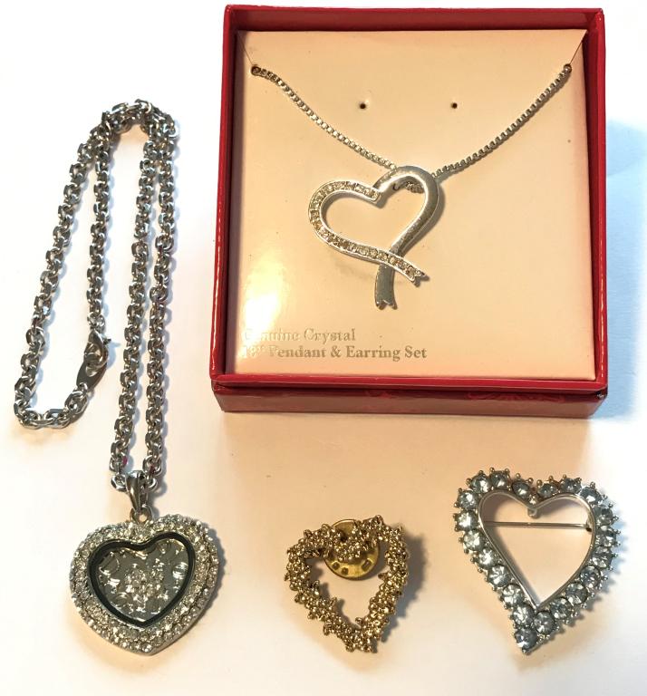 HEART LOVERS LOT! (1 GENUINE CRYSTAL): NECKLACE, RHINESTONE NECKLACE, 1 BROOCH, 1 PIN