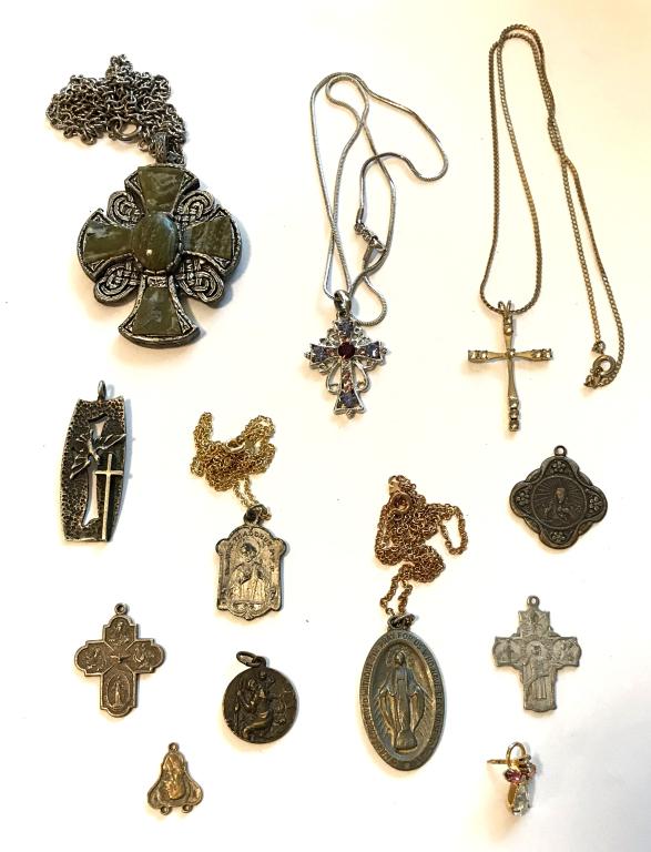 RELIGIOUS LOT- 5 NECKLACES + 7 PENDANTS (1 of 3)