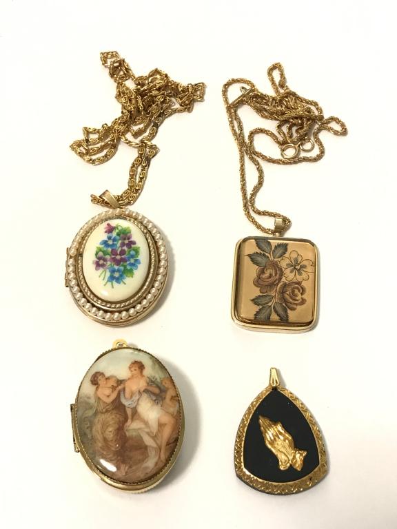 4 NECKLACES VINTAGE (2 ARE LOCKETS): 1 MARKED AVON