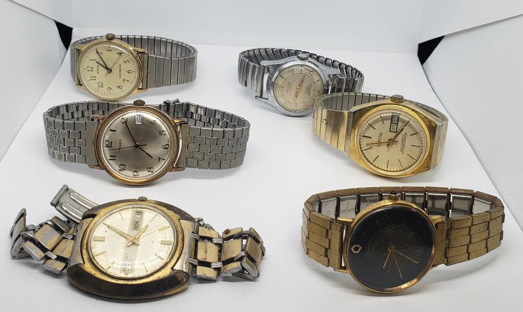 6-MEN'S WRISTWATCHES: (1)AQUA WATER RESISTANT: (1)REVERE 17 JEWEL AUTOMATIC (1)CRYSTAL ANTIMAGNETIC WATER RESISTANT (2)TIMEX QUARTZ (1)SEIKO 19 JEWEL AUTOMATIC-UNTESTED-COULD BE FOR WATCH REPAIR