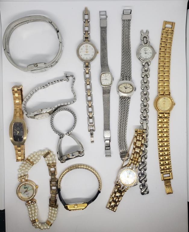 12-WOMAN'S FASHION WRISTWATCHES: (1)GALAZY: ELGIN QUARTZ WITH RHINESTONES FAUX PEARLS (1)GENEVE QUARTZ GOLD TONED WITH RHINESTONES (1)BAYLOR (1)DIAMOND BLACK HILLS GOLD QUARTZ (2)SEIKO (1)TIMEX (4)QUARTZ-UNTESTED-SAME MAY NEED REPAIR