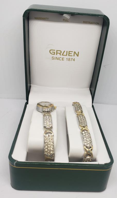 GRUEN WOMAN'S CRYSTAL WATCH AND BRACELET: SET-COMES WITH BOX! UNTESTED
