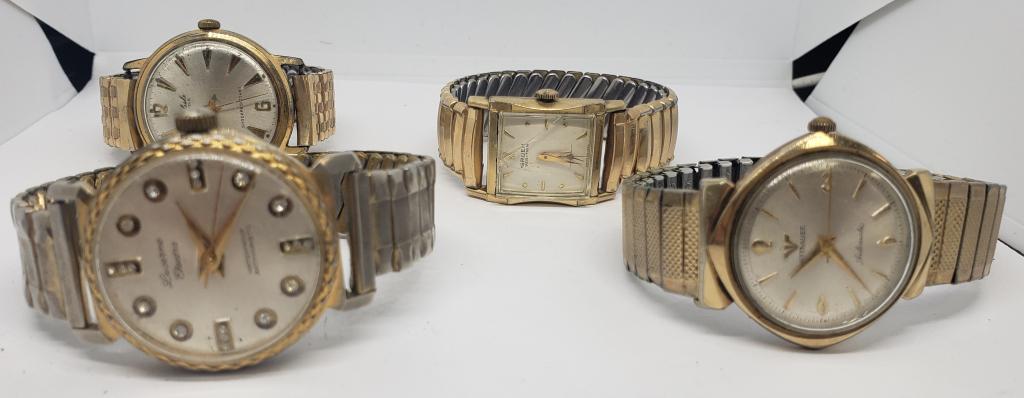 4-VINTAGE GOLD TONED MEN'S WRISTWATCHES:: (1)WITTNAUER AUTOMATIC (1)CARLISLE 17 JEWELS SHOCK RESISTANT (1)GRUEN VERY THIN 10K RGP BEZEL (CRACKED CRYSTAL) (1)LUCERNE WATERPROOF AUTOMATIC-ALL WATCHES UNTESTED-PARTS/REPAIR