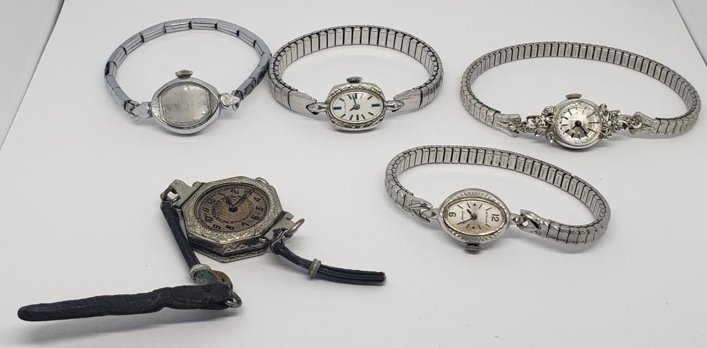 5-VINTAGE WOMAN'S FASHION WRISTWATCHES:: (1)WARWICK (MISSING CRYSTAL) (1)WITTNAUER 10K RGP (1)TIMEX (1)GROTON 17 JEWELS-ALL WATCHES UNTESTED-PARTS/REPAIR