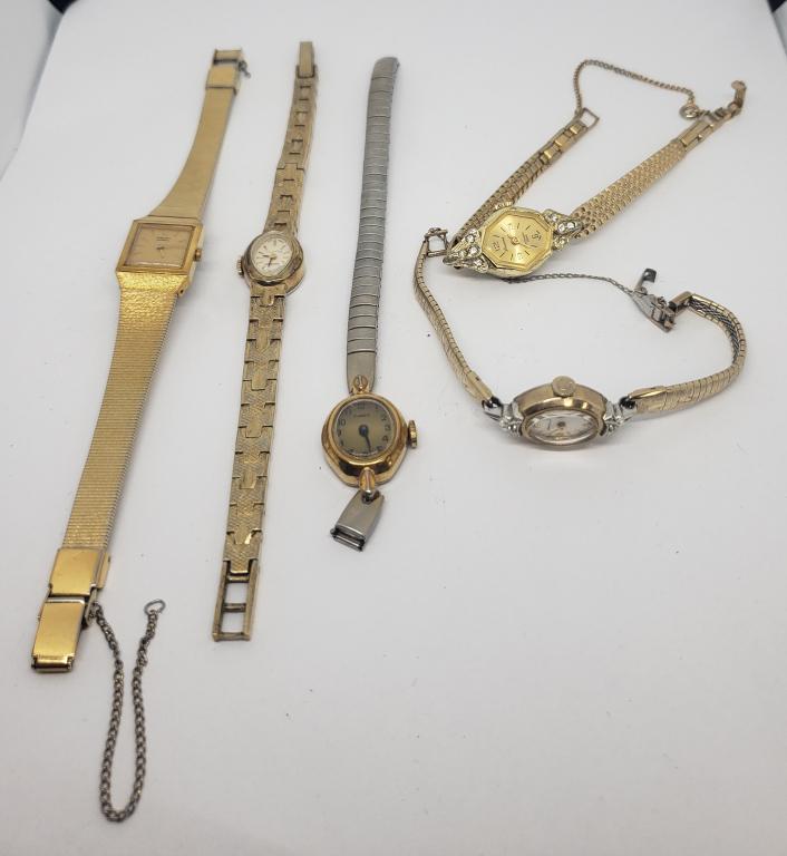 5-VINTAGE WOMAN'S FASHION WRISTWATCHES:: (1)BENRUS 21 JEWELS (1)CARAVELLE 10K RGP (1)TIMEX (1)LUCERNE ANTISHOCK 2000 (1)SEIKO #303537-ALL WATCHES UNTESTED-PARTS/REPAIR