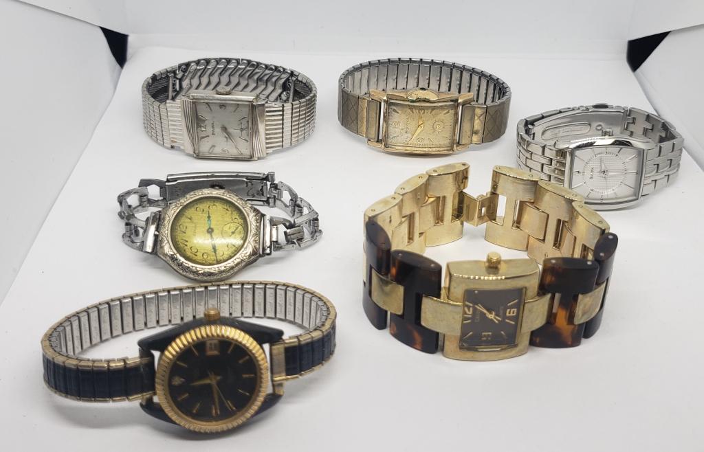 6-VINTAGE WOMNA'S FASHION WATCHES:: (1)BULOVA 10K RGP #D323508 (1)BENRUS DIAMOND QUARTZ DAY DATE #2015 (1)GRUEN QUARTZ WITH TURTLE BAKELITE BAND (1)BULOVA (1)ELGIN (1)BULOVA 10K RGP #F435035-ALL WATCHES UNTESTED-PARTS/REPAIR