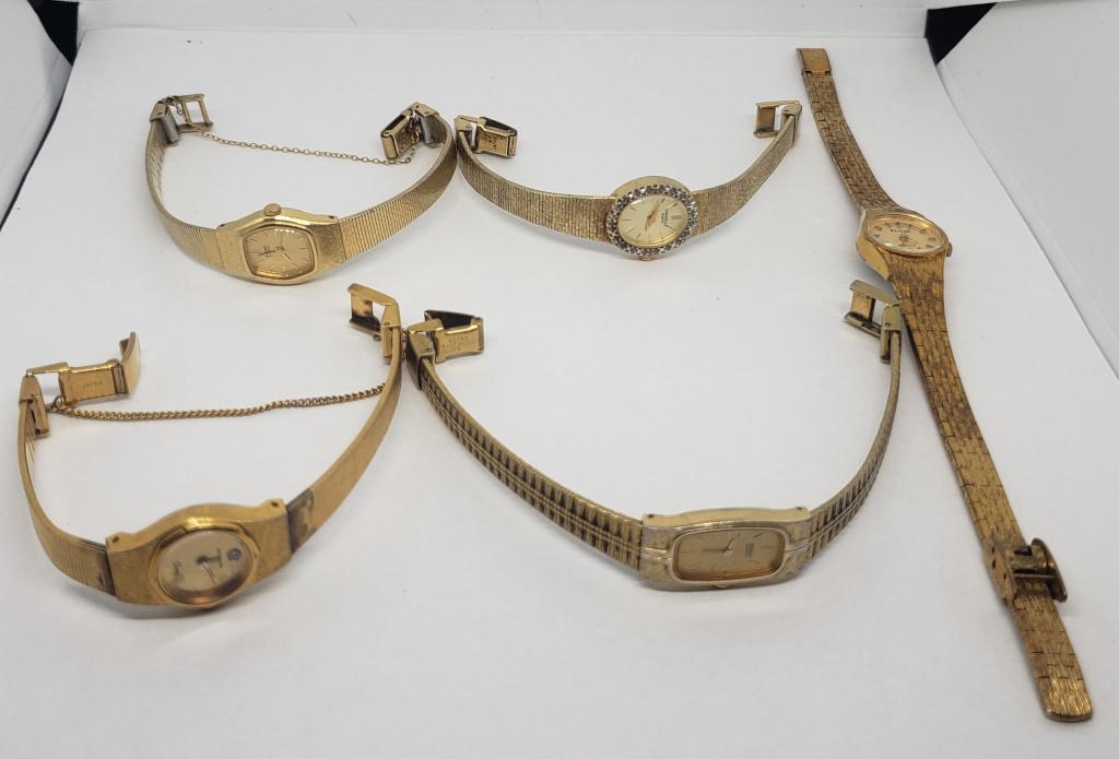 5-VINTAGE GOLD TONED WOMAN'S WATCHES: (1)ELGIN QUARTZ (1)SEIKO QUARTZ #443110 (1)WITTNAUER (1)SEIKO QUARTZ (1)CARAVELLE QUARTZ-ALL WATCHES UNTESTED-PARTS/REPAIR