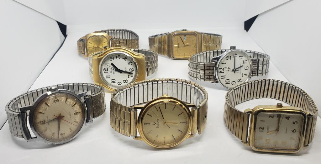 7-VINTAGE MEN'S FASHION WRISTWATCHES: (1)HAMILTON 17 JEWELS INCABLOC (1)ROYAL TEL-TIME QUARTZ (1)TIMEX WATER RESISTANT (1)TIMEX QUARTZ (1)SEIKO QUARTZ DAY DATE (1)BULOVA #C9671129 (1)HAMILTON INCABLOC-ALL WATCHES UNTESTED-PARTS/REPAIR