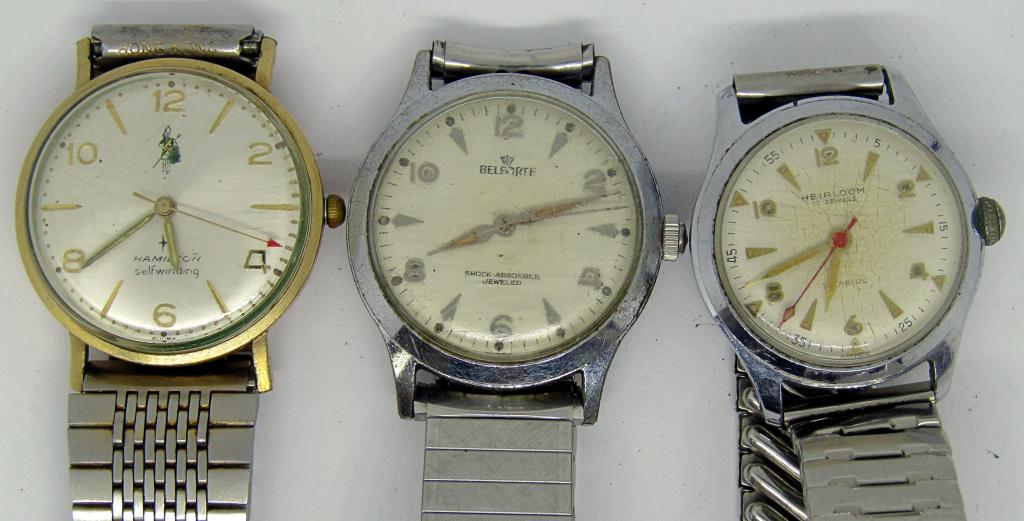 3-SILVER TONED MEN'S FASHION WRISTWATCHES: (1)HEIRLOOM 17 JEWELS (1)BELFORTE (1)HAMILTON SELF WINDING-ALL WATCHES UNTESTED-PARTS/REPAIR