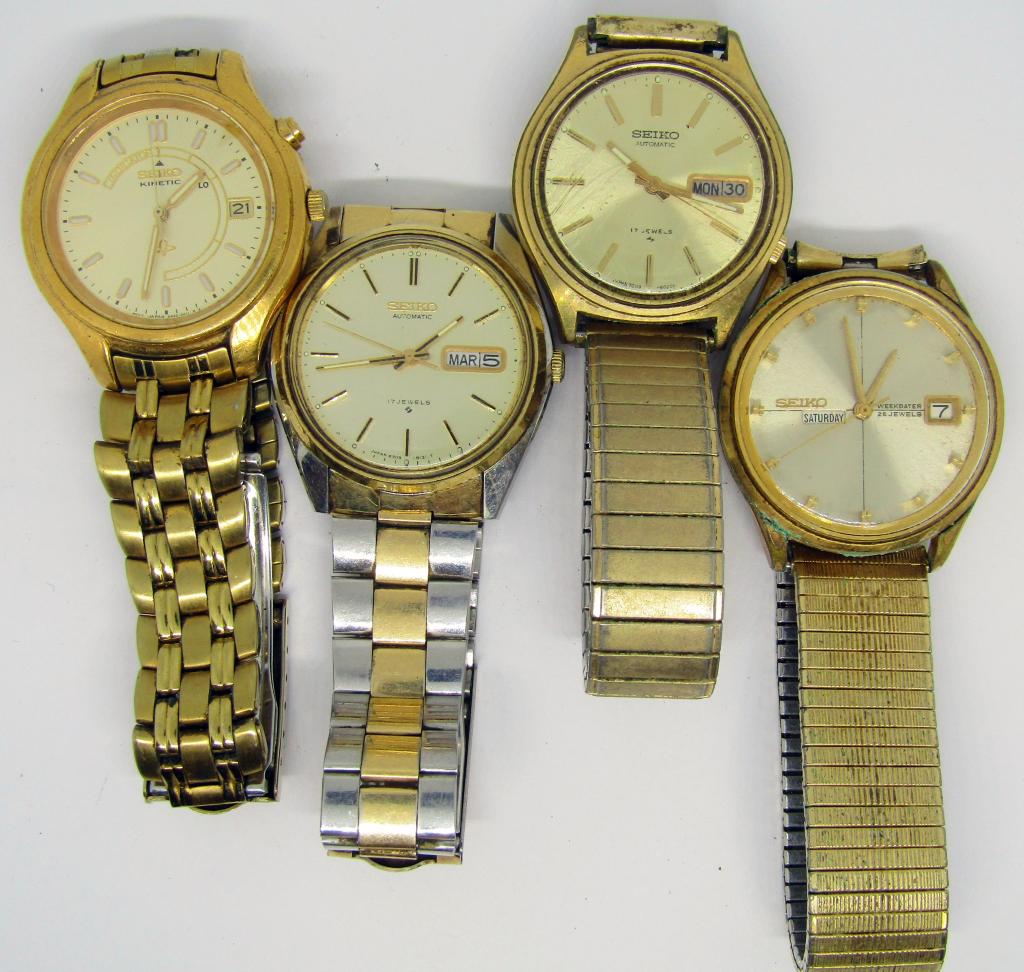 4-VTG SEIKO DAY DATE MEN'S WRITWATCHES: (2)17 JEWELS (1)26 JEWELS-ALL UNTESTED-PARTS/REPAIR