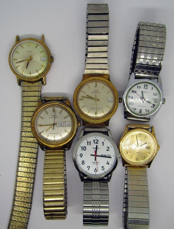 6-VINTAGE TIMEX MEN'S DAY DATE WRISTWATCHES: (5)WATER RESISTANT-ALL WATCHES UNTESTED-PARTS/REPAIR