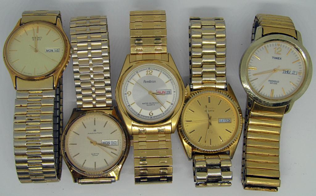 5-MEN'S GOLD TONED DAY DATE WATCHES: (1 of 2)