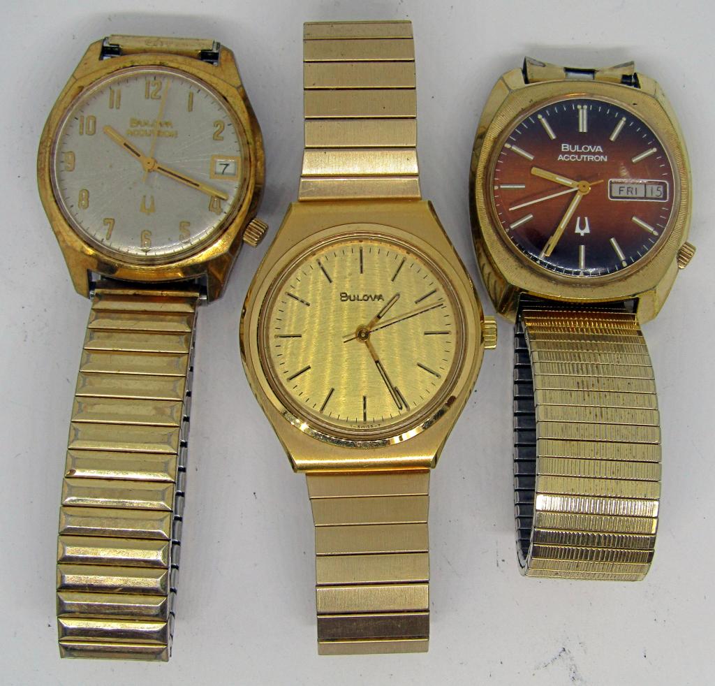 3-VINTAGE MEN'S BULOVA GOLD TONED WRISTWATCHES: (2)ACCUTRON-ALL UNTESTED-PARTS REPAIR