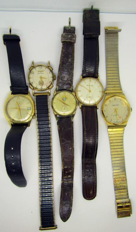 5-VINTAGE BULOVA MEN'S WRISTWATCHES: (1) 17 JEWELS ANTIMAGNETIC (1)KOFC #8737725 (1)10K RGP #3936599 (1)#D95186-ALL WATCHES UNTESTED-PARTS/REPARI