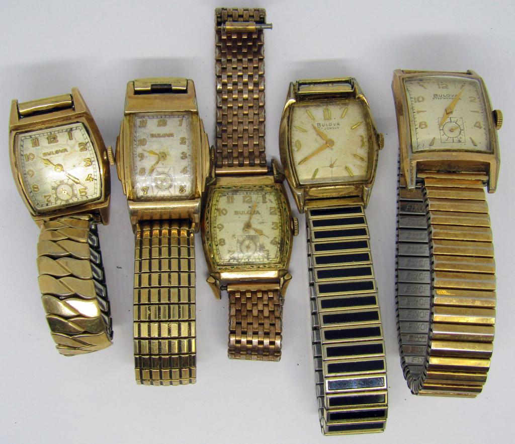 5-VINTAGE MEN'S BULOVA WRISTWATCHES:: (1)#1008884 (1)10K RGP #H592982 (1)#2793314 (1)#1490883 (1)#3581936-ALL UNTESTED-PARTS/REPAIR