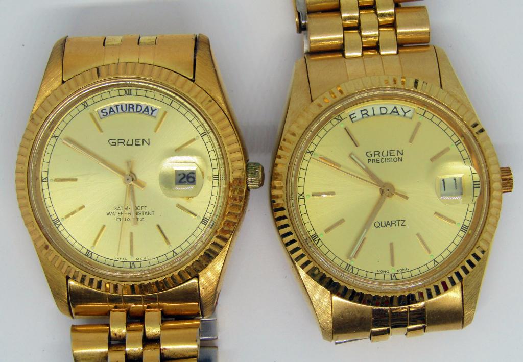 2-GRUEN MEN'S CALENDAR WRISTWATCHES: (1)PRECISION (1)3ATM-100 FT WR-BOTH UNTESTED-PARTS/REPAIRS