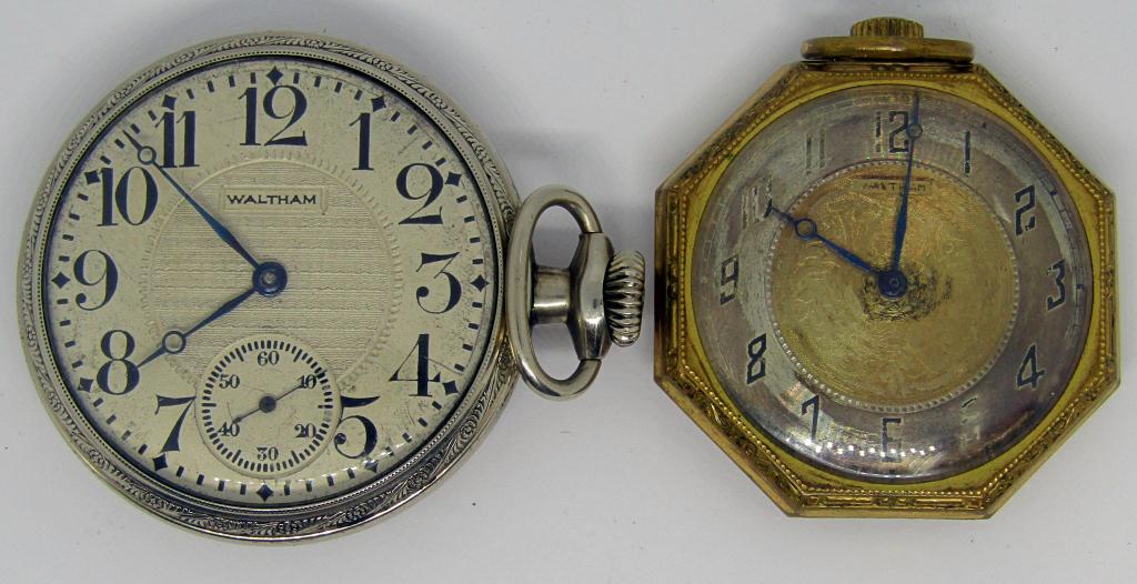 (2) AMERICAN WALTHAM WATCH CO. POCKET WATCHES!: GRADE NO. 220, 12S, 15J, PRODUCTION YEAR (EST) 1919; GRADE NO. 610, 16S, 7J, PRODUCTION YEAR (EST) 1917; UNTESTED.