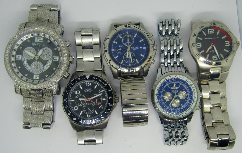 (5) WRISTWATCHES! JOE RODEO, PANAMA JACK, BREITLIN: GUESS WATERPRO, PULSAR CHRONOGRAPH; ALL UNTESTED!
