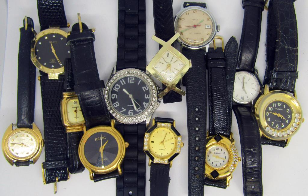 (11) WRIST WATCHES! WESTCLOX, ST. MARIN, GUICCI,: CARAVELLE, BULOVA, TIMEX, RELIC; UNTESTED.