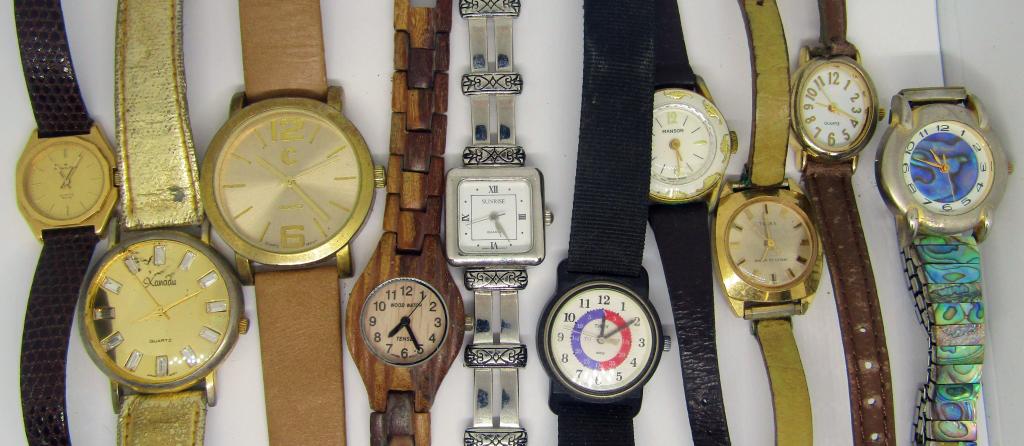 (10) WRIST WATCHES! SUNRISE,TIMEX, MANSON,: XANADU, ST. MARIN, HAMILTON, WOOD WATCH; UNTESTED.