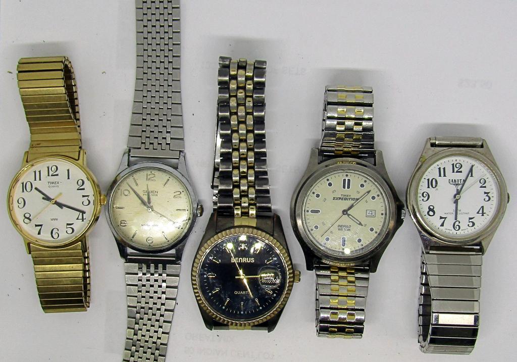 (5) MENS WATCHES; BENRUS,TIMEX,GRUEN,DAKOTA: UNTESTED