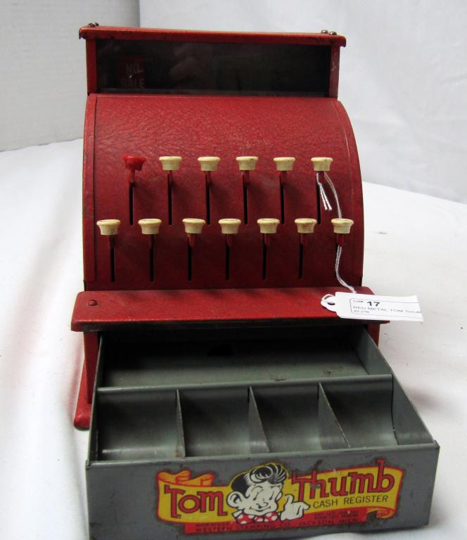 RED METAL TOM THUMB CASH REGISTER: WESTERN STAMPING CO - working condition