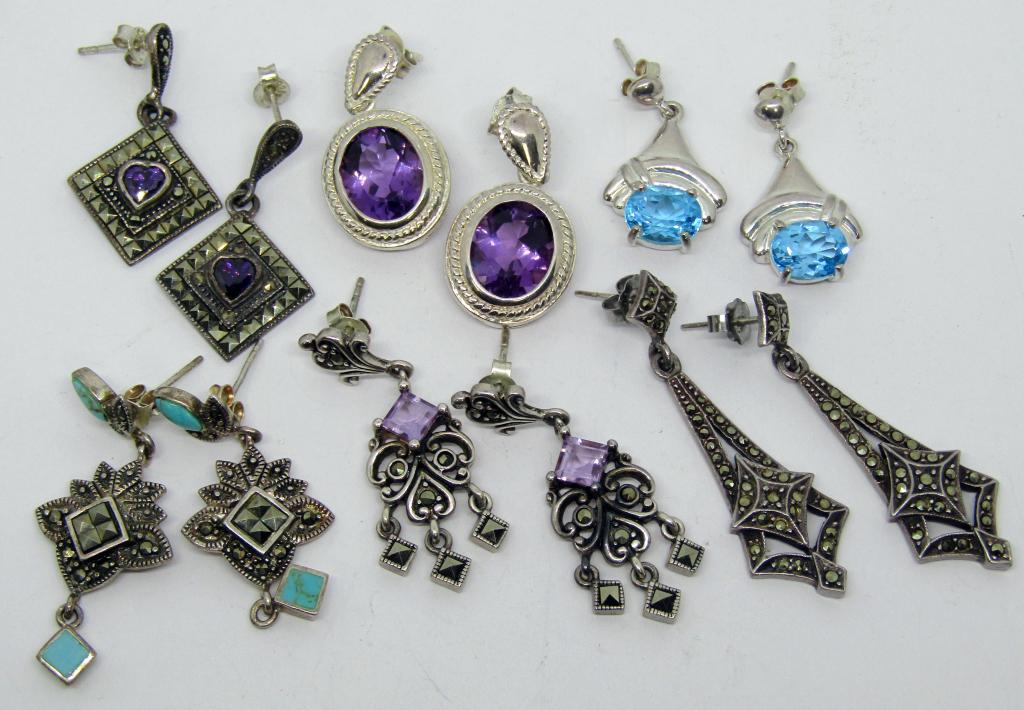 6 sets of Sterling Fashion Earings with stones (1 of 2)