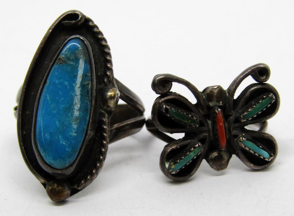 2 Vintage Navajo Sterling Rings: red and blue natural stones sz5.5-6.5 DWT 6.2
