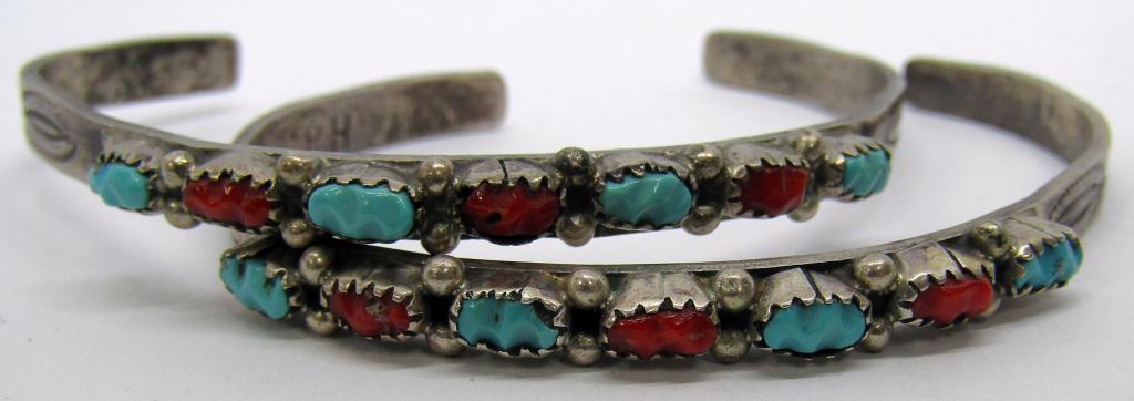 Vintage Southwestern Sterling Cuff bracelets: Turquoise and Coral Natural Stones DWT 14.6
