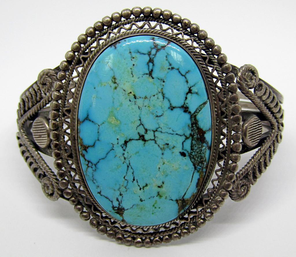 Vintage Southwestern Sterling Cuff with large Turq (1 of 4)